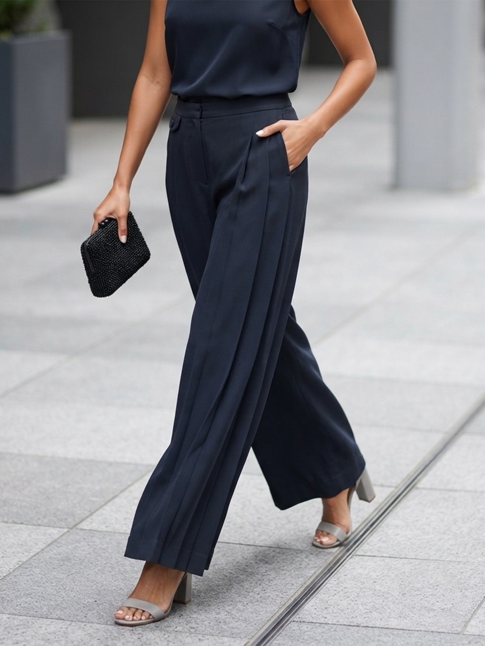 Topshop Dark Navy Wide-Leg Pleated Trousers